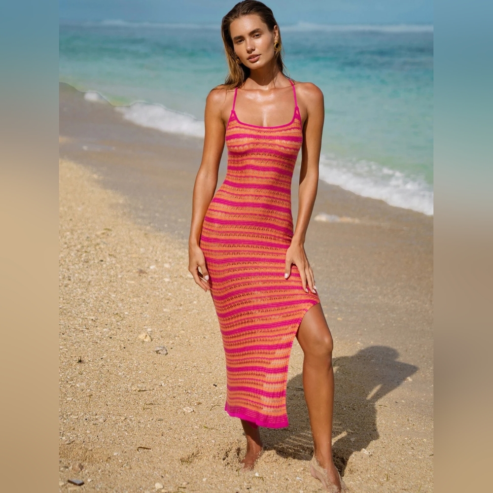 NWT Berlook Boho Pink & Orange Striped Crochet Resortwear Dress